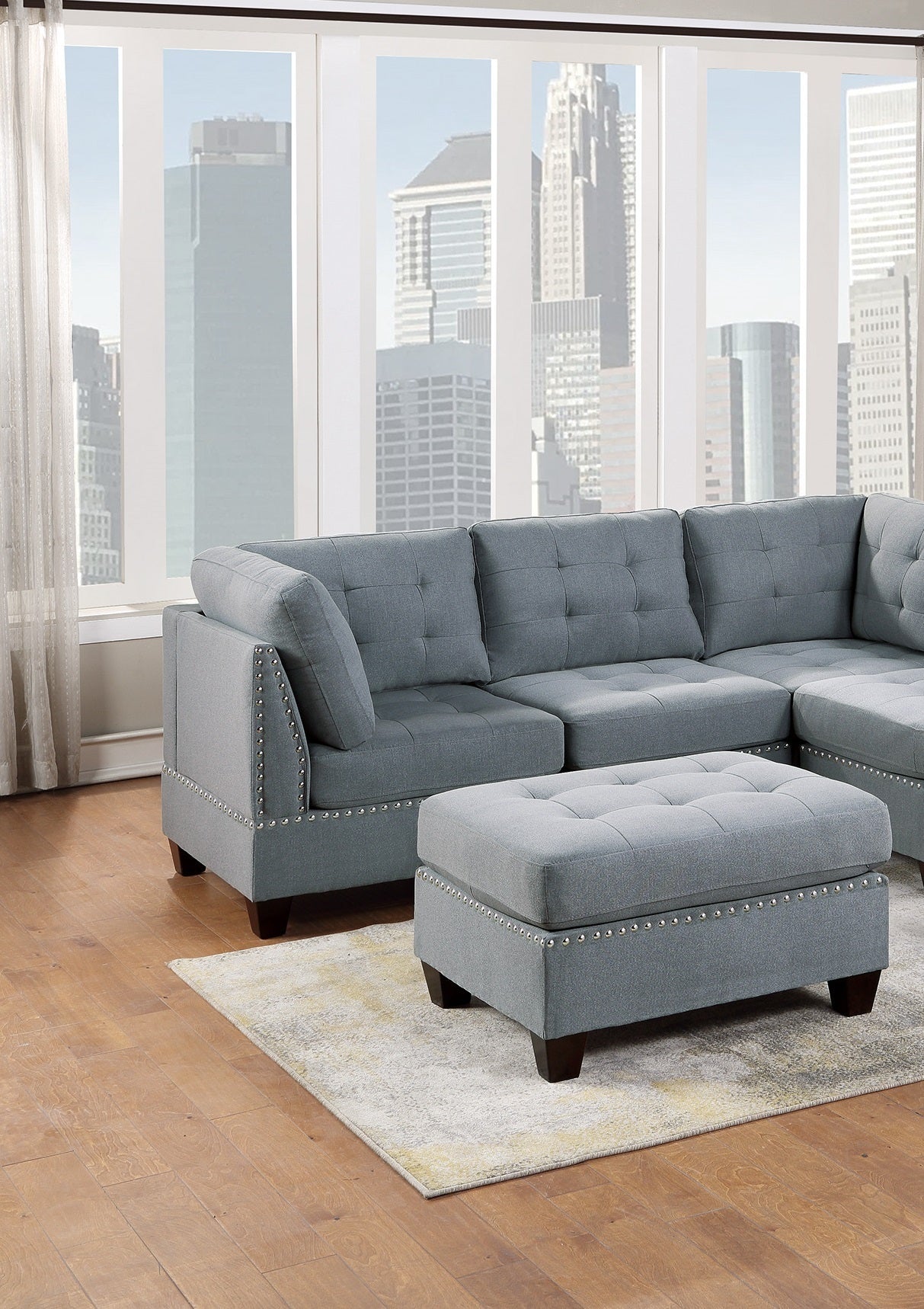 Modular Sectional 6pc Set Living Room Furniture - L-Sectional Gray Linen Like Fabric Tufted Nail heads - Corner Wedge, Armless Chairs, Ottomans