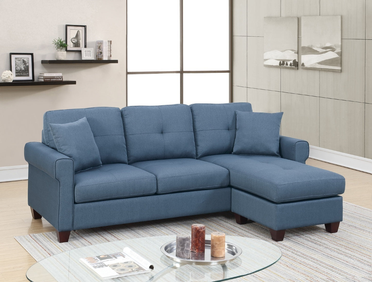 Blue Glossy Polyfiber Tufted Cushion Sectional Sofa Chaise: Reversible Living Room Furniture with Unique Color & Size