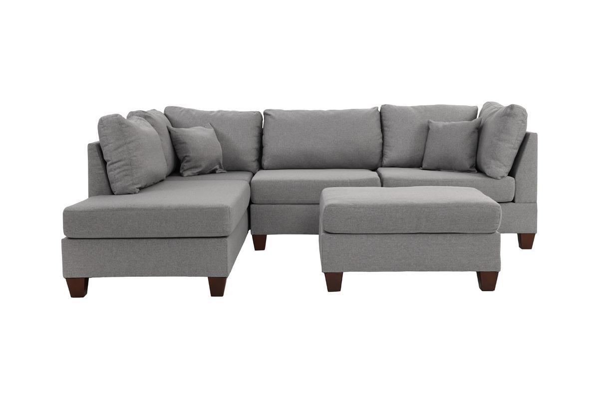 Grey Color 3pcs Sectional Living Room Furniture: Reversible Chaise Sofa, Ottoman, Polyfiber Linen Like Fabric Cushion Couch