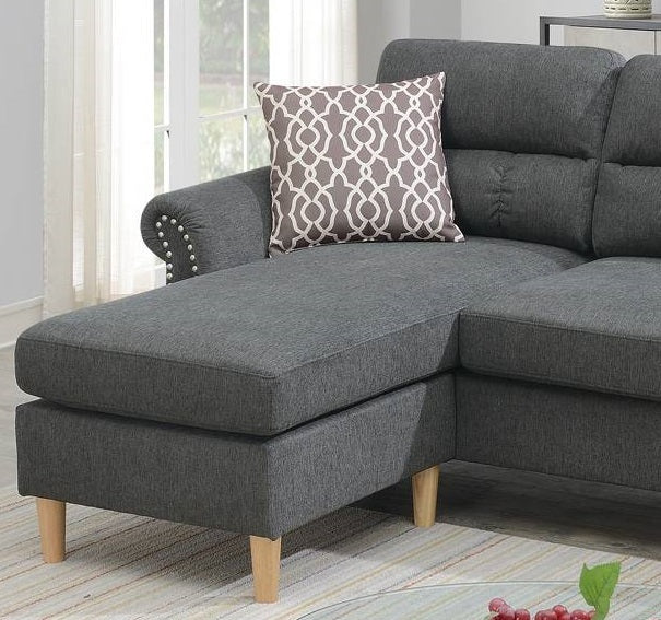 Slate Color Polyfiber Reversible Sectional Sofa Set with Chaise, Pillows, Plush Cushion, and Nailheads - Comfortable and Stylish Couch for Your Living Space