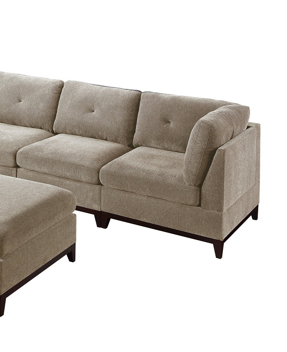 Camel Chenille Fabric Modular Sectional 7pc Set: L-Sectional Couch, Corner Wedge, Armless Chairs, and Ottomans with Tufted Back and Exposed Wooden Base - Living Room Furniture