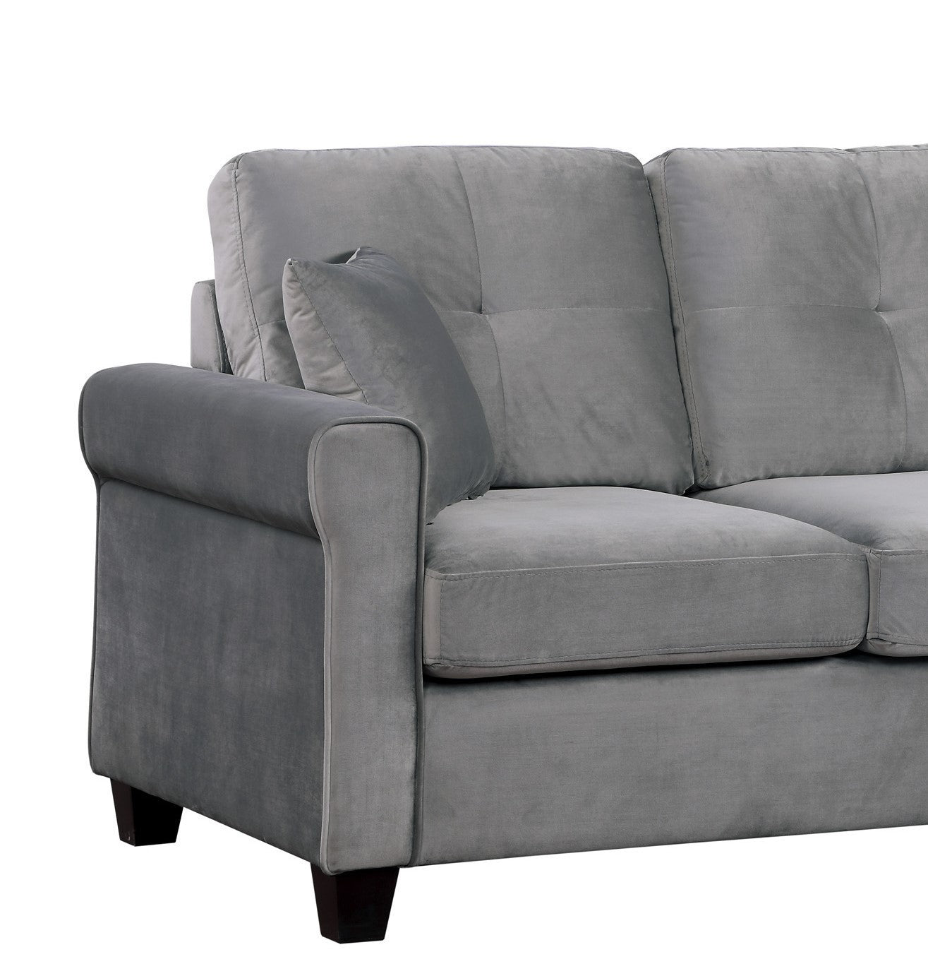 Reversible Config. 1pc Sectional Sofa, 2 Pillows, Gray Velvet Fabric, Tufted Back, Living Room Furniture