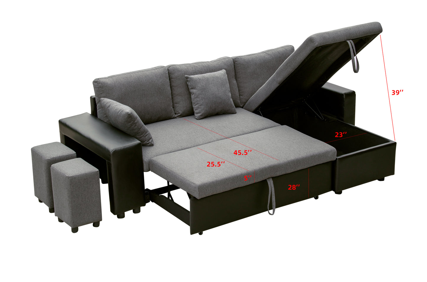 Linen Reversible Sleeper Sectional Sofa with Storage: Artemax 92.5" - Steel Gray, Includes 2 Stools