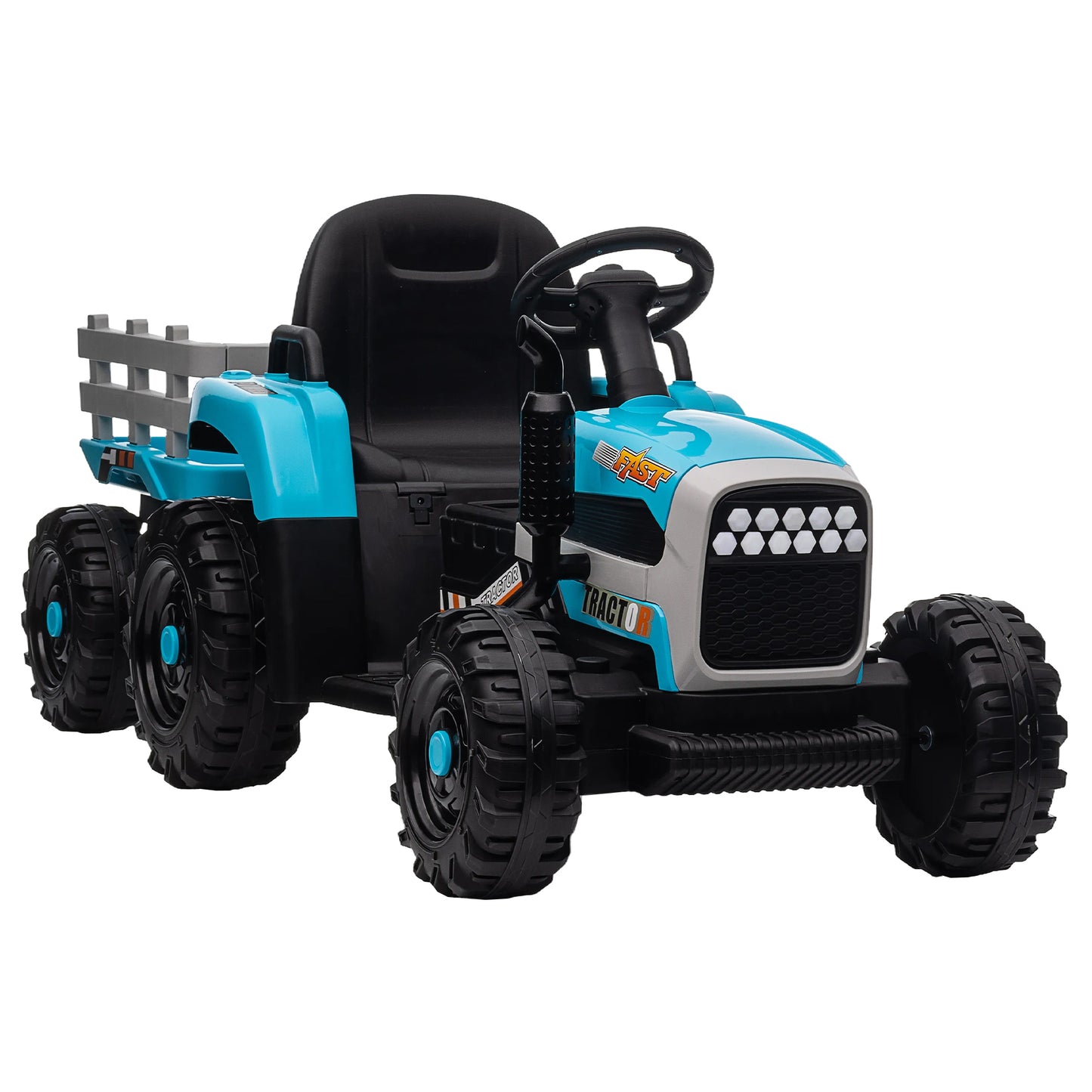 12V Battery Powered Ride on Tractor with Trailer for Kids | Remote Control | 3-Speed Adjustable | Power Display | USB, MP3, Bluetooth | LED Light | Two-Point Safety Belt | Blue