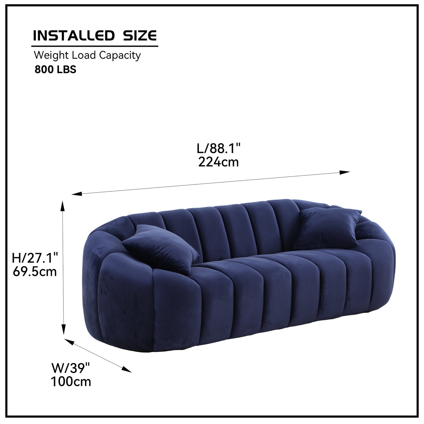 88'' Modern Sofa 3-Seater Couch with Deep Channel Tufting - Stunning Navy Velvet Sofa for Living Room/Bedroom