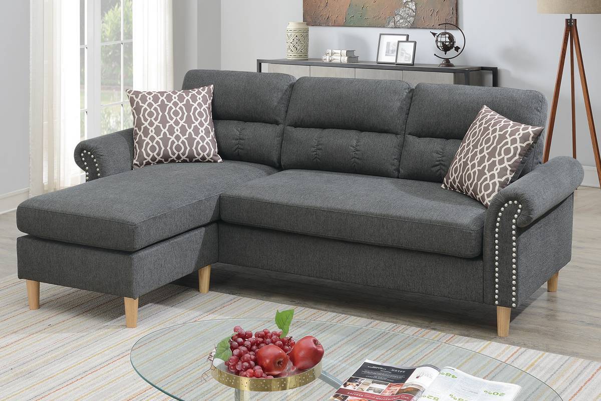 Slate Color Polyfiber Reversible Sectional Sofa Set with Chaise, Pillows, Plush Cushion, and Nailheads - Comfortable and Stylish Couch for Your Living Space