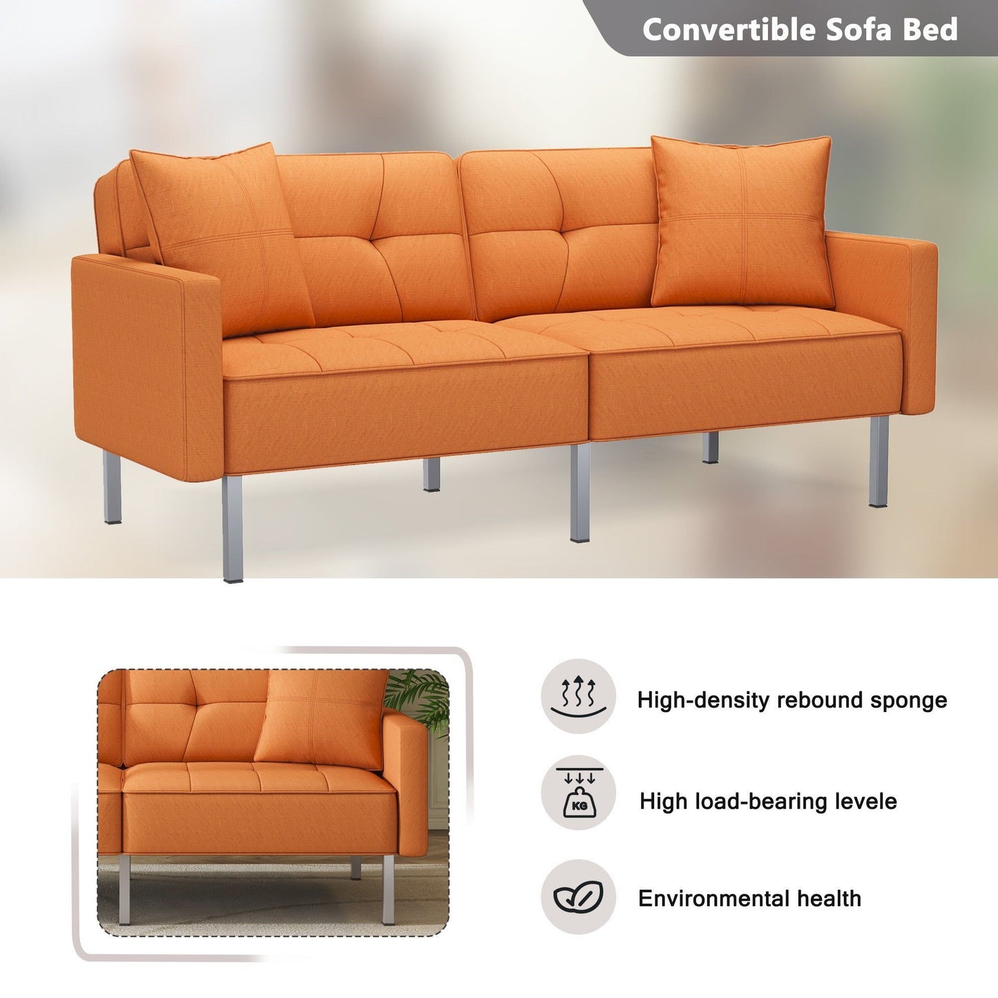 Linen Upholstered Modern Convertible Folding Futon Sofa Bed for Compact Living Space