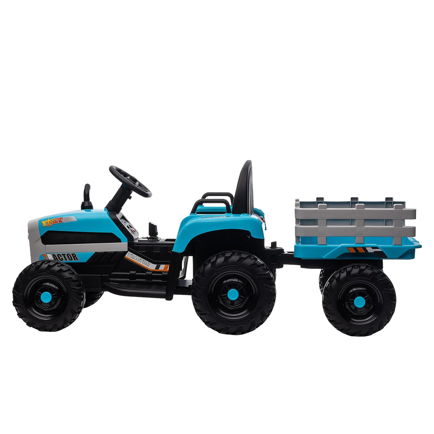 12V Battery Powered Ride on Tractor with Trailer for Kids | Remote Control | 3-Speed Adjustable | Power Display | USB, MP3, Bluetooth | LED Light | Two-Point Safety Belt | Blue