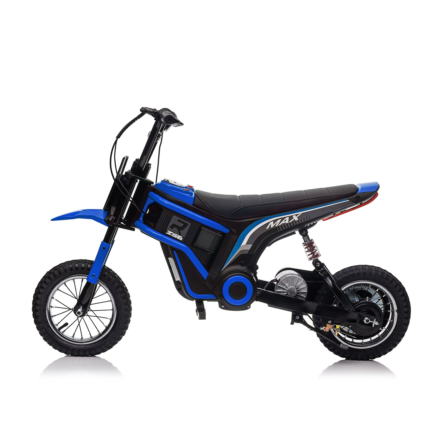 Kids Ride On 24V Electric Toy Motocross Motorcycle Dirt Bike - XXL Large, Age 8-12, Speeds up to 14.29MPH, Dual Suspension, Hand-Operated Dual Brakes, Twist Grip Throttle, Authentic Motocross Bike Geometry, Red & Blue.