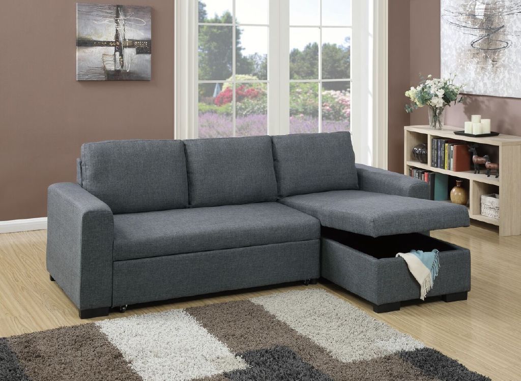 Convertible Sectional Blue Grey Color Polyfiber Reversible Chaise Storage Sofa Pull Out Bed Couch