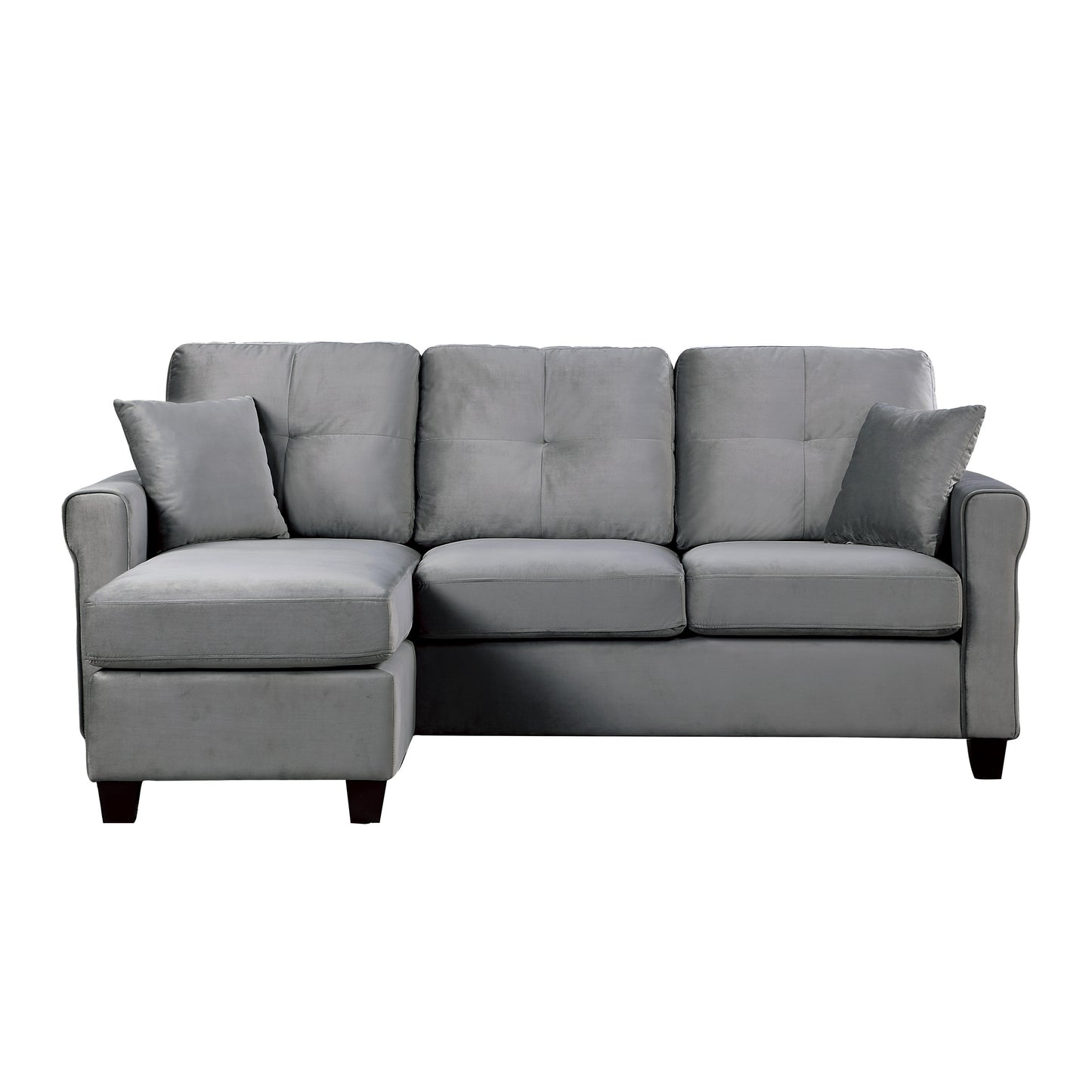 Reversible Config. 1pc Sectional Sofa, 2 Pillows, Gray Velvet Fabric, Tufted Back, Living Room Furniture