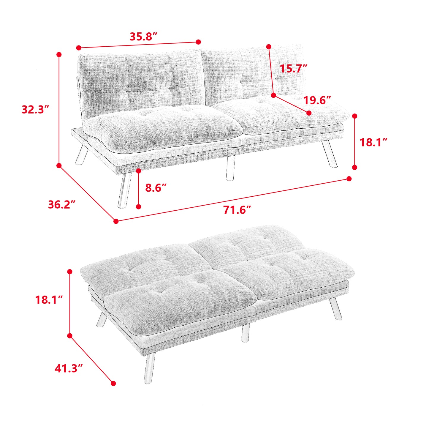 Convertible Sofa Bed Loveseat Futon Bed with Adjustable Lounge Couch, Metal Legs - Chenille-Grey - Breathable, Compact Size for Small Living Spaces