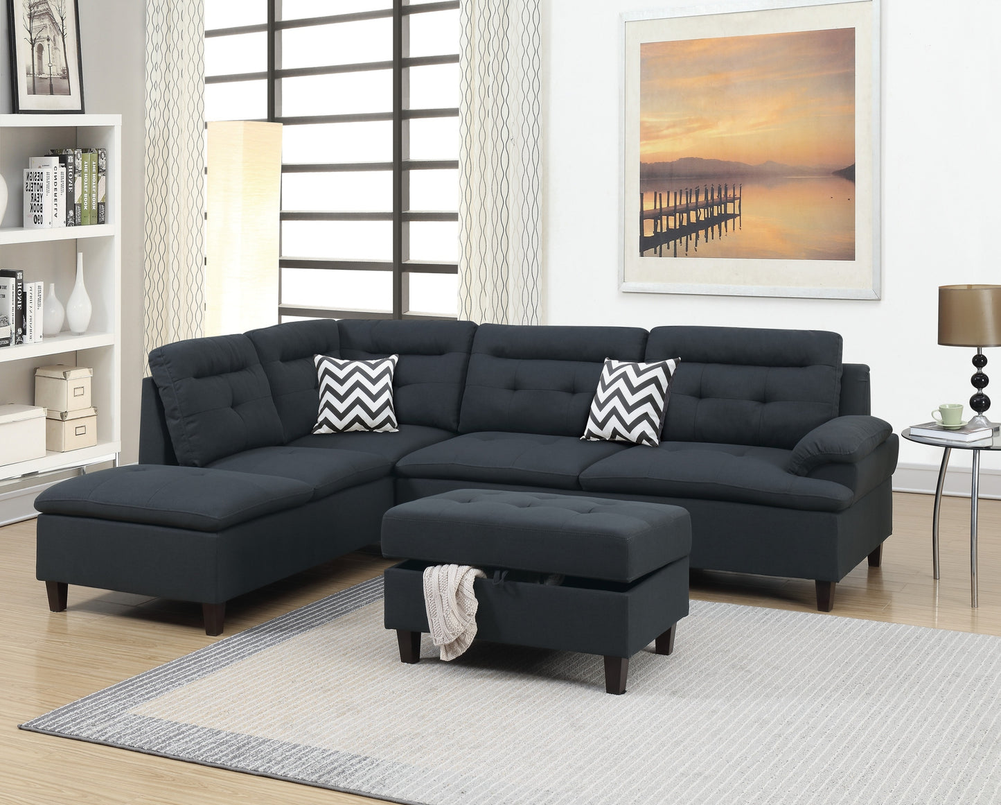 Living Room Furniture: Black Cushion Sectional with Ottoman in Linen-Like Fabric - Sofa Chaise