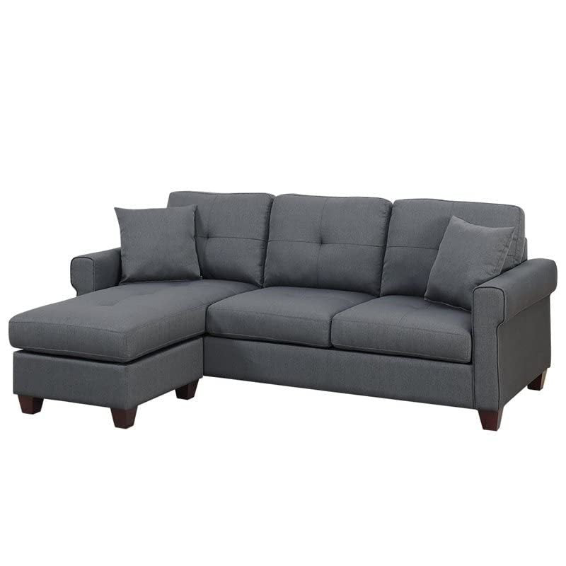 Charcoal Glossy Polyfiber Tufted Cushion Sectional Sofa Chaise: Reversible, Living Room Furniture, Size Options