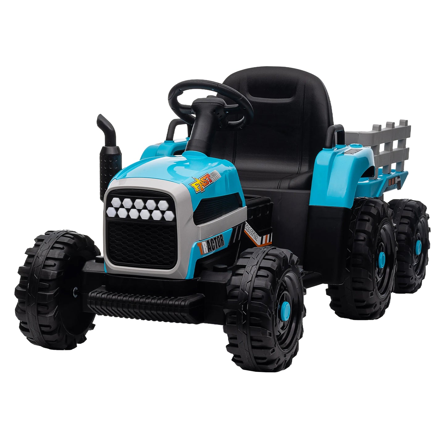 12V Battery Powered Ride on Tractor with Trailer for Kids | Remote Control | 3-Speed Adjustable | Power Display | USB, MP3, Bluetooth | LED Light | Two-Point Safety Belt | Blue