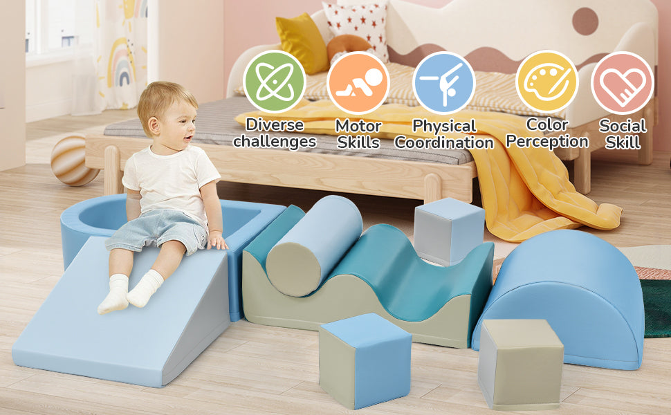 Soft Climb and Crawl Foam Playset 8 in 1 | Safe Soft Foam Nugget Block for Infants, Preschools, Toddlers | Indoor Active Play Structure | Crawling and Climbing Fun | Multiple Colors and Sizes Available