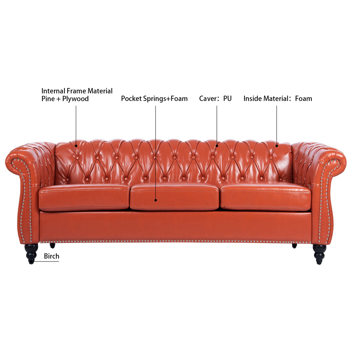 84.65" Rolled Arm Chesterfield 3 Seater Sofa: Classic Design, Luxurious Comfort, Multiple Colors and Sizes