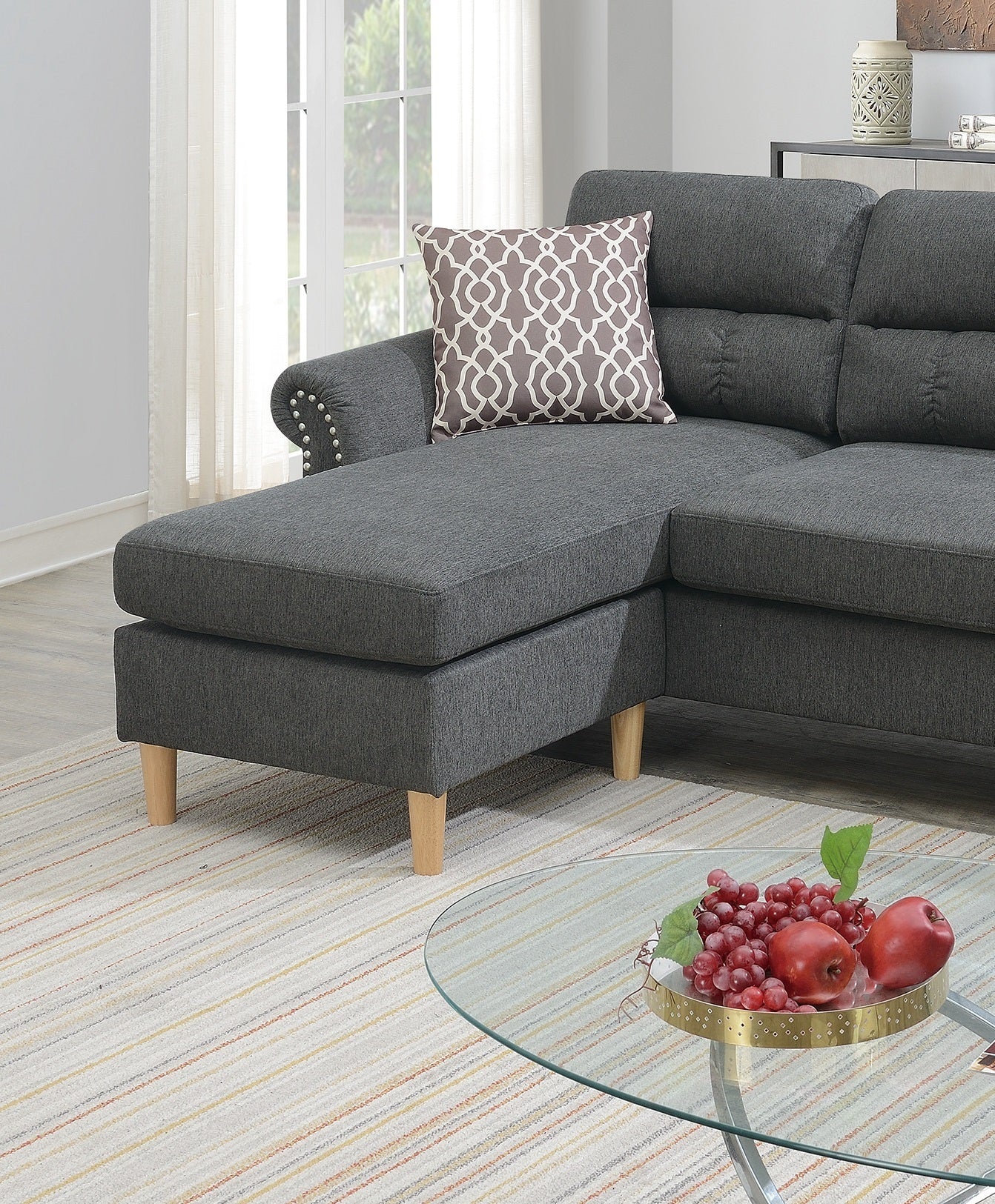 Slate Color Polyfiber Reversible Sectional Sofa Set with Chaise, Pillows, Plush Cushion, and Nailheads - Comfortable and Stylish Couch for Your Living Space