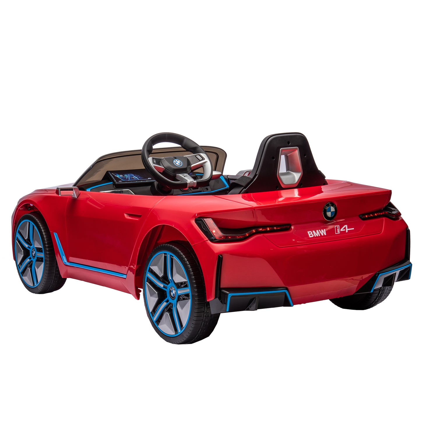 Licensed BMW I4 12V Kids Ride-On Car: Remote Control, 3 Speeds, Power Display, USB, MP3, Bluetooth, LED Lights, Safety Belt, Story