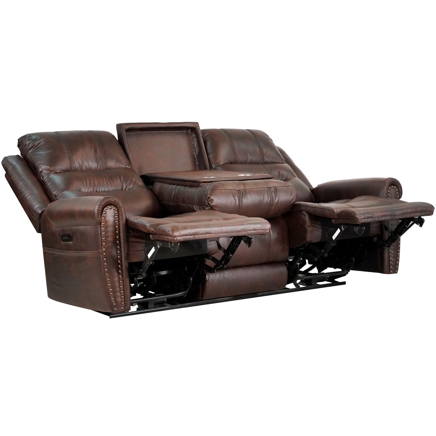 Slora Leather Gel Power Reclining Sofa with Headrest & Dropdown Center Table - Brown, 81.5"