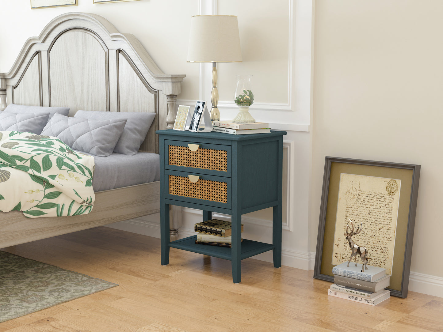 2 Drawer Side Table Nightstand Natural Rattan End Table for Bedroom