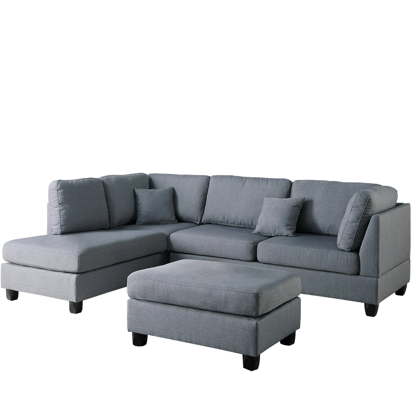 Grey Color 3pcs Sectional Living Room Furniture: Reversible Chaise Sofa, Ottoman, Polyfiber Linen Like Fabric Cushion Couch