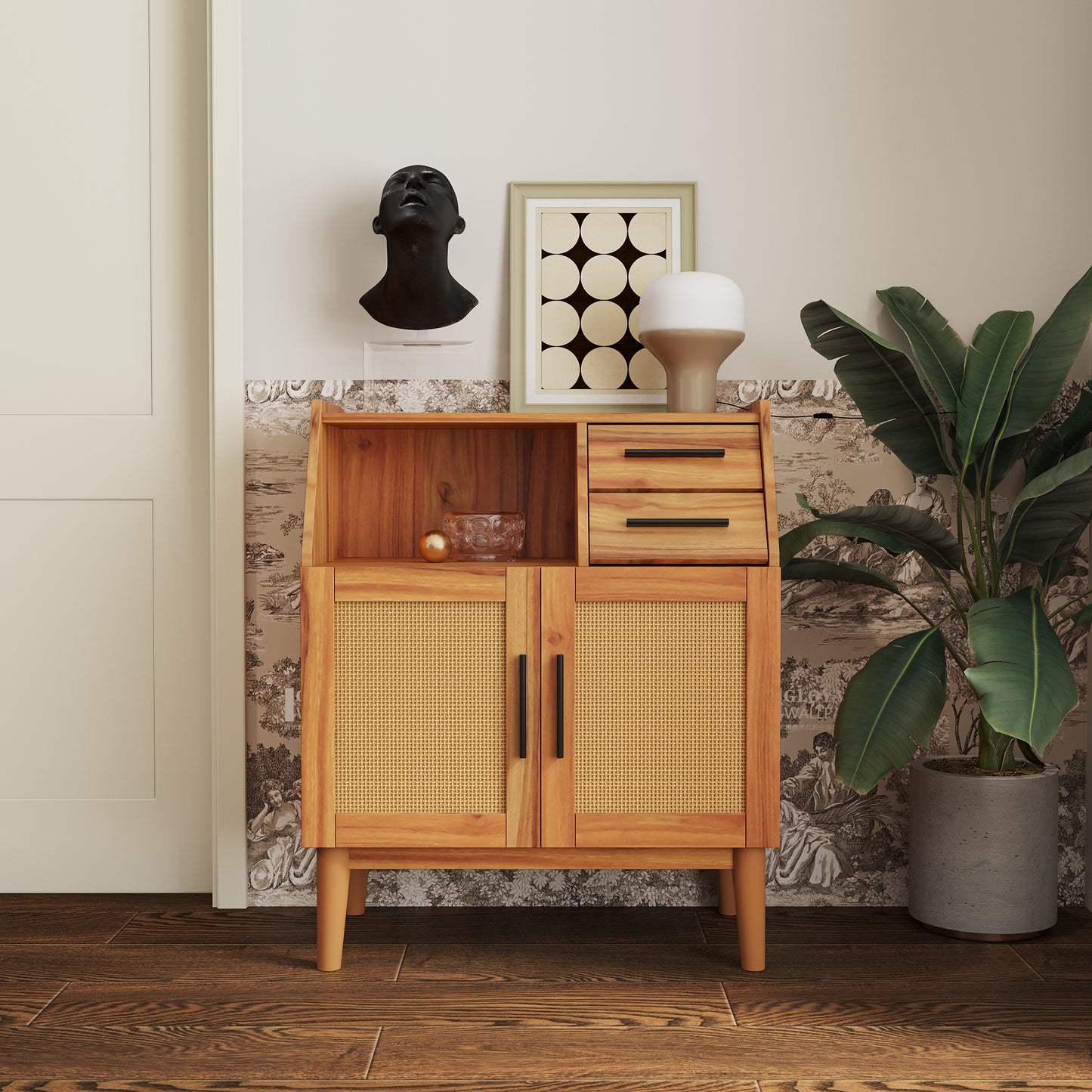 Farmhouse Sideboard Buffet Accent Storage Cabinet, with Rattan Doors and drawers, for Hallway, Entryway, Dining Room, or Living Room