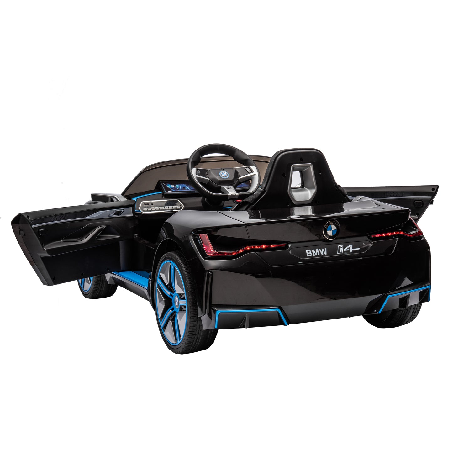 Licensed BMW I4, 12V Kids Ride On Car - 2.4G Remote Control, Electric Car for Kids - Three-Speed Adjustable, Power Display, USB, MP3, Bluetooth - LED Light, Two-Point Safety Belt, Story - Red