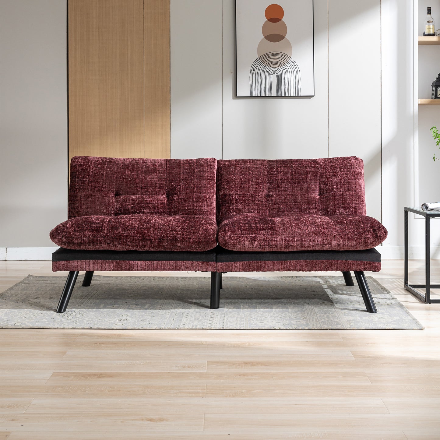 Convertible Sofa Bed Loveseat Futon: Adjustable Lounge Couch, Metal Legs, Chenille Wine Red