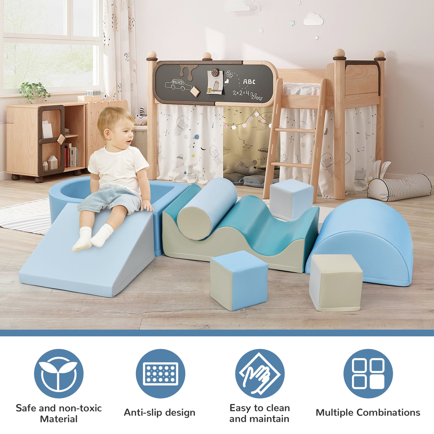 Soft Climb and Crawl Foam Playset 8 in 1 | Safe Soft Foam Nugget Block for Infants, Preschools, Toddlers | Indoor Active Play Structure | Crawling and Climbing Fun | Multiple Colors and Sizes Available