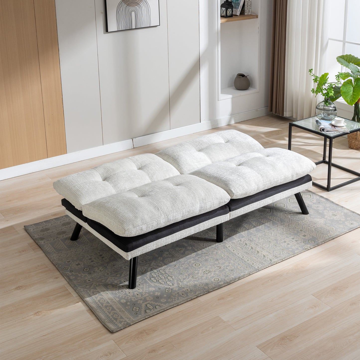 Convertible Sofa Bed Loveseat Futon: Adjustable Lounge Couch with Metal Legs, Breathable Chenille in Creamy White - Ideal for Compact Living Spaces