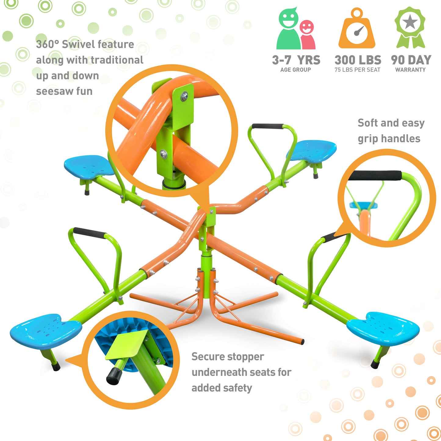 XSS004 Outdoor Playground Four Seats Seesaw for Kids - 360° Rotating Sturdy Plastic Seat, Blue/Green, Age 3+