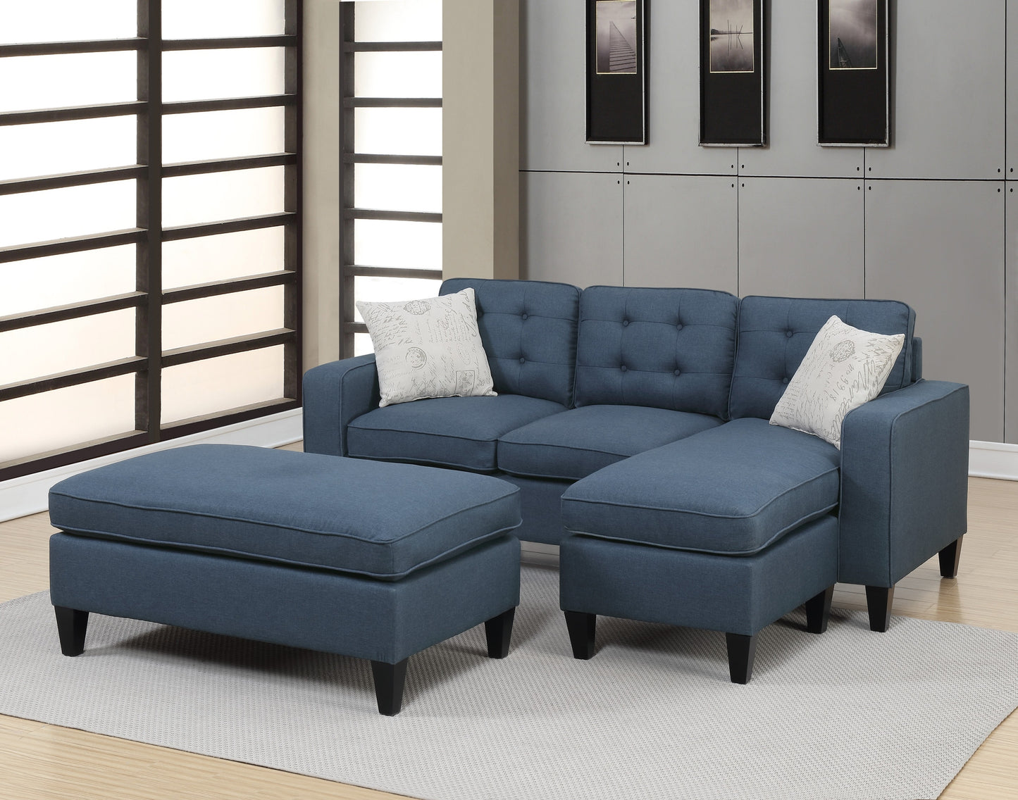 Reversible Navy Tufted 3pc Sectional Sofa Set with Wood Legs, Chaise, Ottoman, Pillows, and Cushion Couch