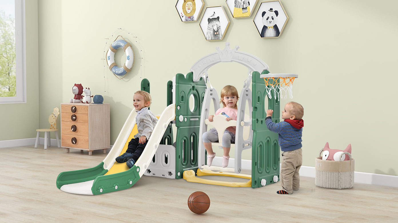 Toddler Slide and Swing Set 5 in 1: Kids Playground Climber Slide Playset with Basketball Hoop - Freestanding Combination for Indoor & Outdoor Fun - Blue & Green - Perfect for Babies and Toddlers