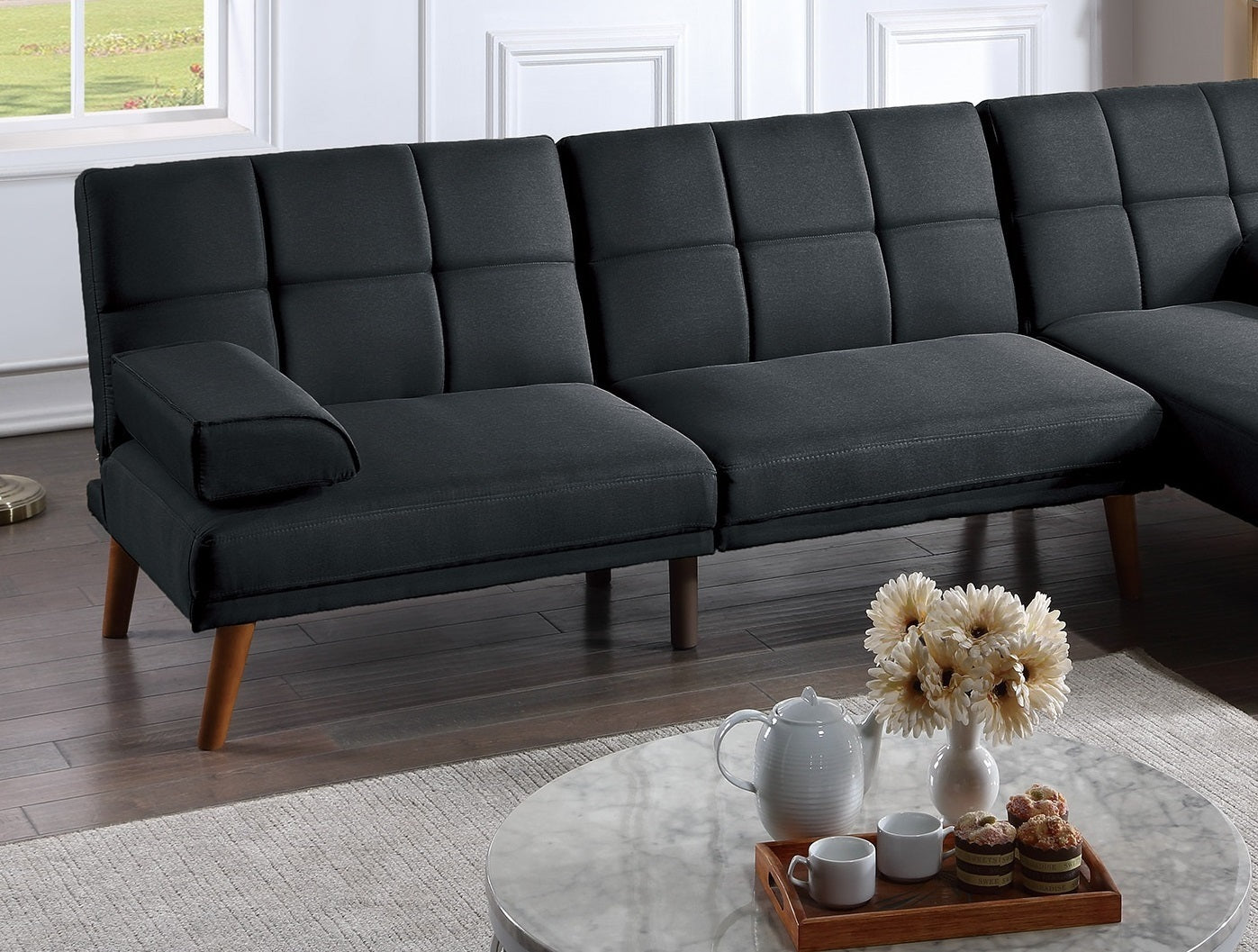 Black Color Polyfiber 2pc Sectional Sofa Set Living Room Furniture Solid Wood Legs Tufted Couch Adjustable Sofa Chaise