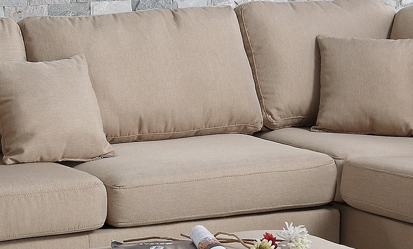 3pcs Reversible Chaise Sofa & Ottoman Set - Sand Color Polyfiber Linen Fabric Cushion Couch - Sectional Living Room Furniture