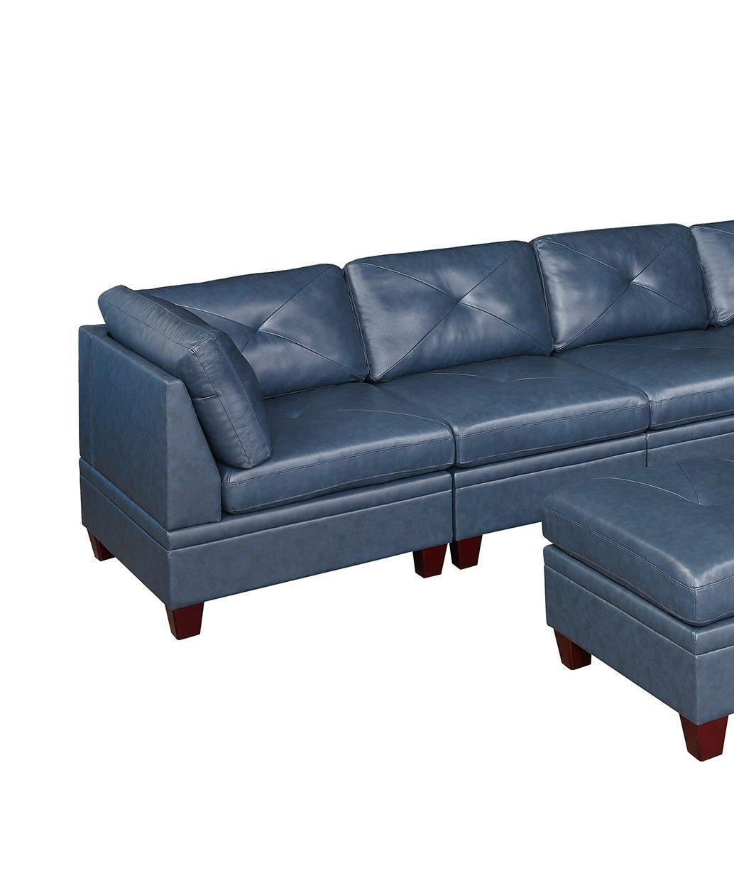 Genuine Leather Ink Blue Tufted 6pc Sectional Set - Corner Wedge & Armless Chair - Living Room Furniture Sofa Couch