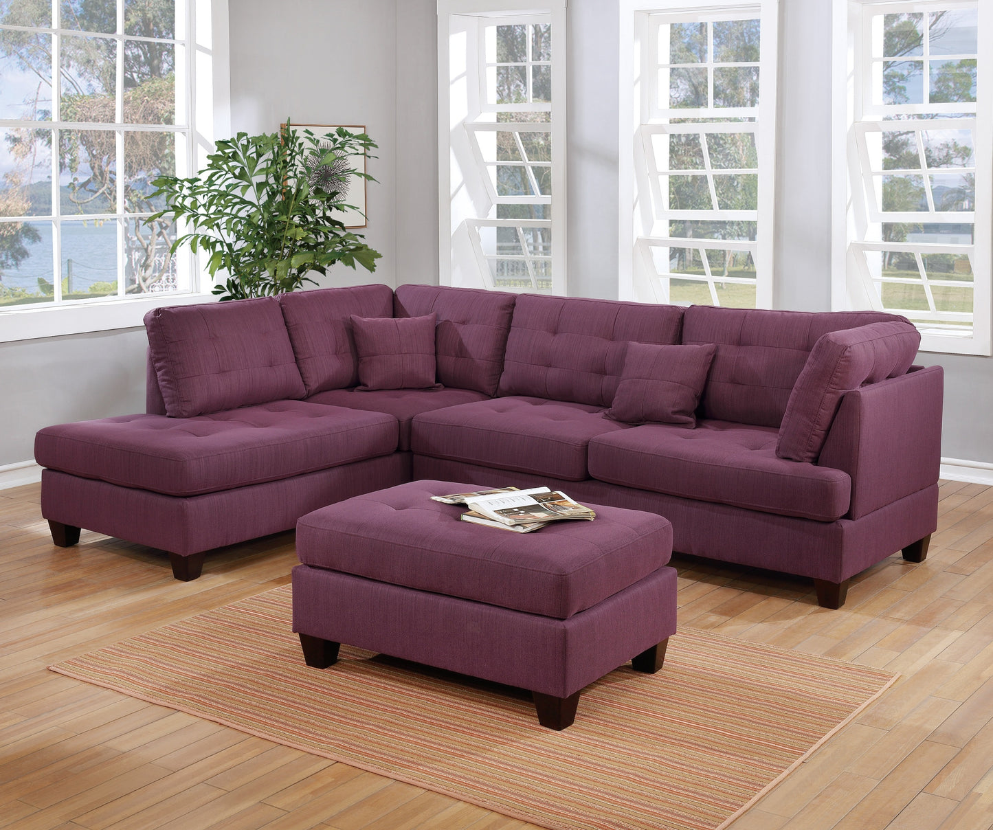 Living Room Furniture: Reversible Sectional Sofa, Warm Purple 3pc Set, Polyfiber Couch