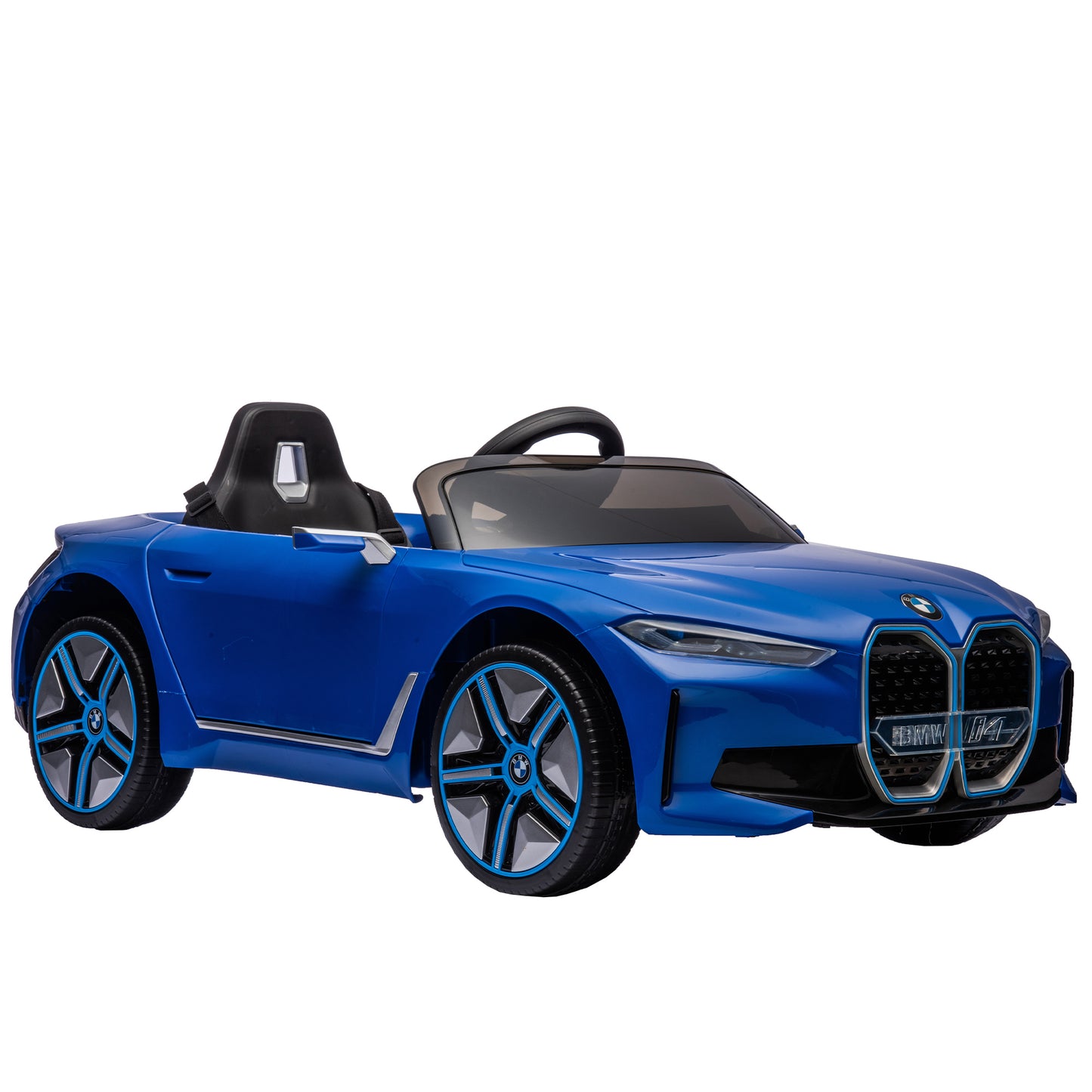 Licensed BMW I4, 12v Kids Ride-On Car with Remote Control - Electric Car for Kids, Three-Speed Adjustable, Power Display, USB, MP3, Bluetooth, LED Light, Two-Point Safety Belt, Story - Black