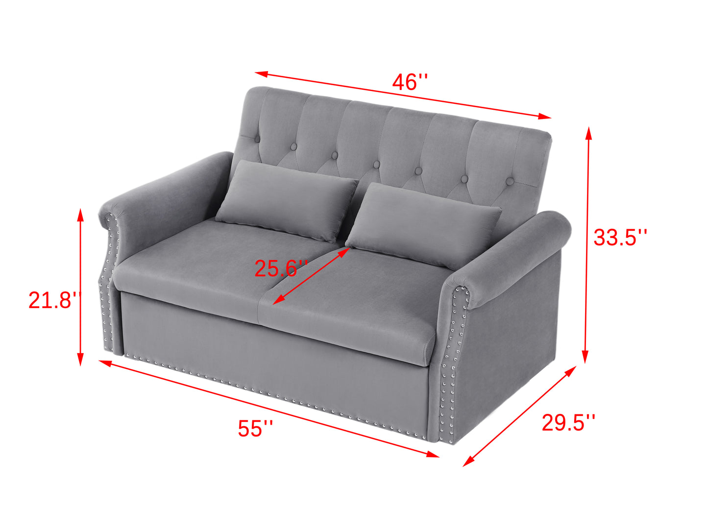 55" Modern Velvet Convertible Loveseat Sleeper Sofa Couch with Lumbar Pillows - Adjustable Pull-Out Bed, Removable Armrest - Nursery, Living Room, Apartment, Home Office - Shiny, Various Colors