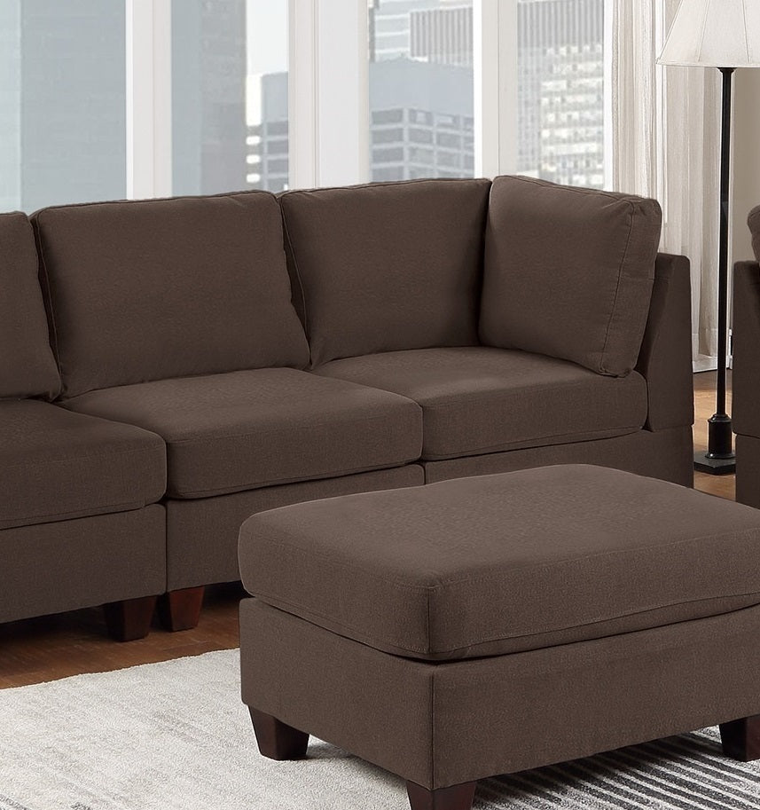 Modular 6pc Sofa Set: Living Room Furniture, Loveseat, Couch, Black Coffee Linen-Like Fabric, 4x Corner Wedge, 1x Armless Chair, 1x Ottoman