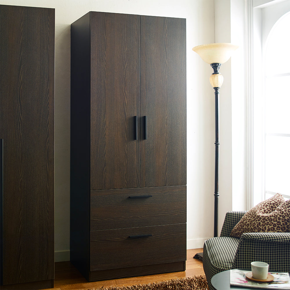 Klair Living Two-Door Wood Closet with Two Drawers and Hanging Bars in Dark Brown