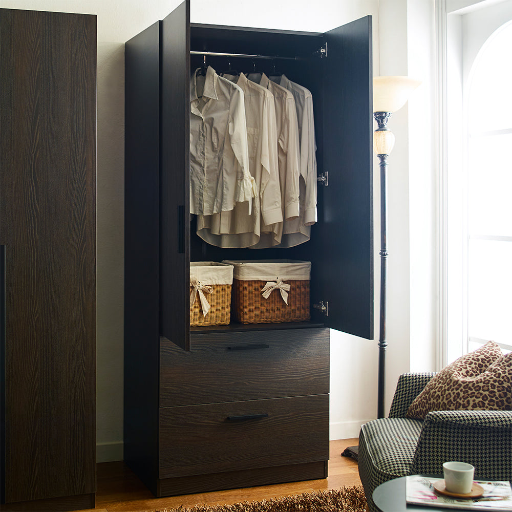 Klair Living Two-Door Wood Closet with Two Drawers and Hanging Bars in Dark Brown