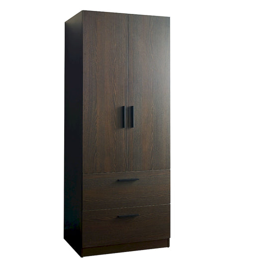 Klair Living Two-Door Wood Closet with Two Drawers and Hanging Bars in Dark Brown