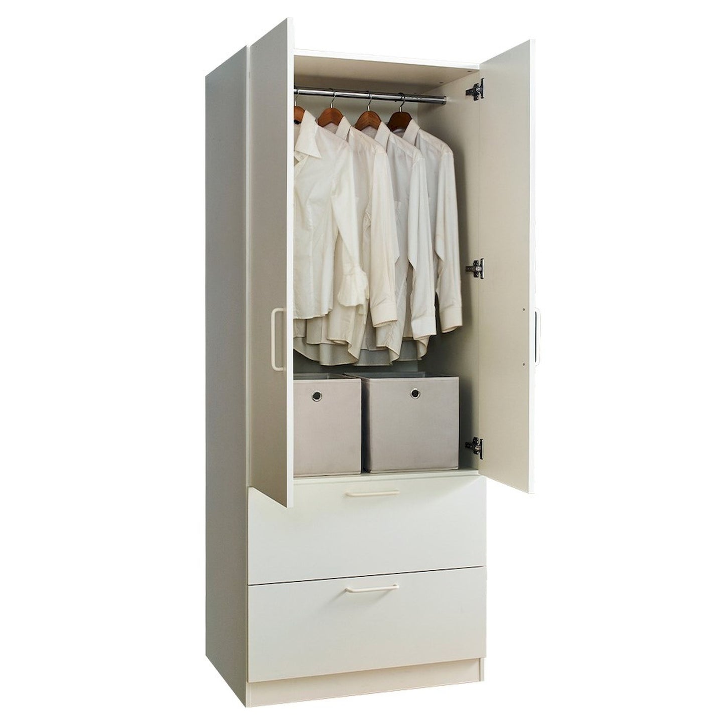 Klair Living Two-Door Wood Closet with Two Drawers and Hanging Bars in White