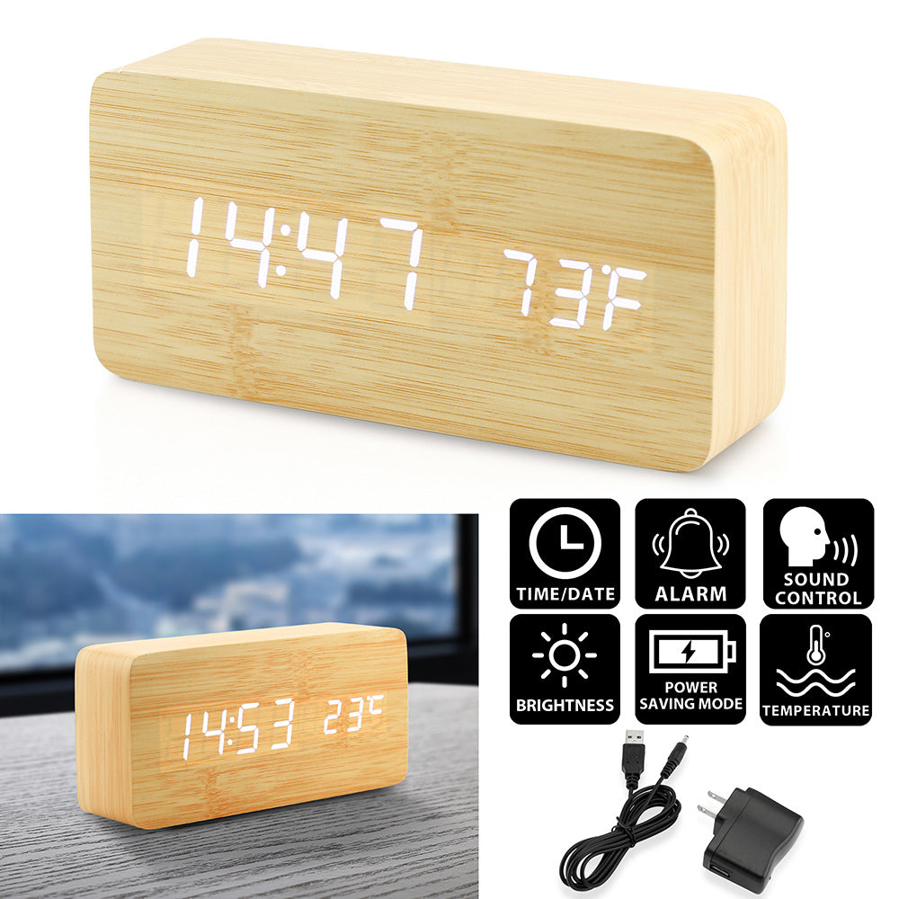 Oct17 Wooden Digital Alarm Clock, Wood Fashion Multi-Function LED Alarm Clock with USB Power Supply, Voice Control, Thermometer