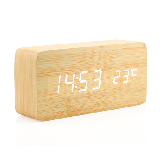 Oct17 Wooden Digital Alarm Clock, Wood Fashion Multi-Function LED Alarm Clock with USB Power Supply, Voice Control, Thermometer