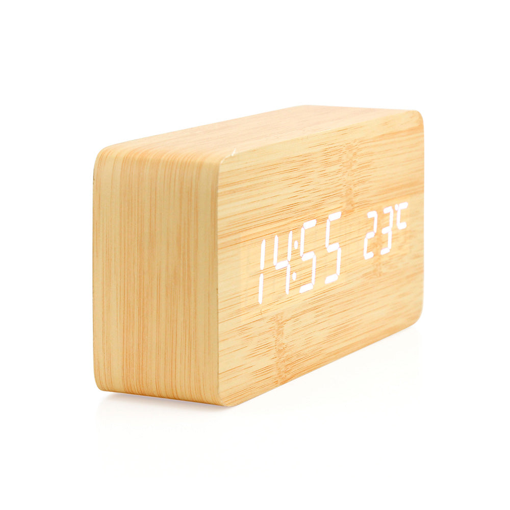 Oct17 Wooden Digital Alarm Clock, Wood Fashion Multi-Function LED Alarm Clock with USB Power Supply, Voice Control, Thermometer