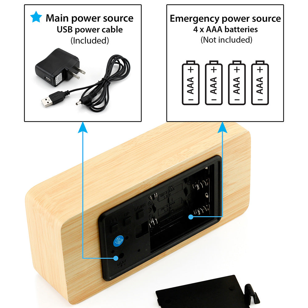 Oct17 Wooden Digital Alarm Clock, Wood Fashion Multi-Function LED Alarm Clock with USB Power Supply, Voice Control, Thermometer