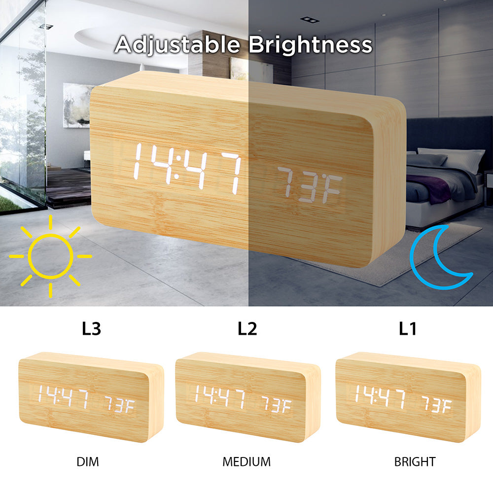 Oct17 Wooden Digital Alarm Clock, Wood Fashion Multi-Function LED Alarm Clock with USB Power Supply, Voice Control, Thermometer